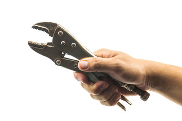 Man's hand holding locking pliers isolated over white