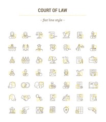 Vector graphic set. Icons in flat, contour, thin, minimal and linear design.Court. Judge. Trial. Simple icons on white background.Concept illustration for Web site, app.Sign, symbol, emblem.