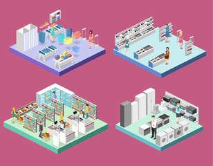 isometric interior shopping mall, grocery, computer, household, equipment store.