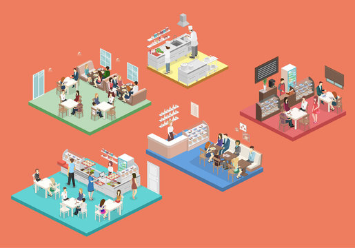 Isometric vector interior of sweet-shop, cafe, canteen and restaurant kitchen.