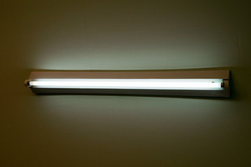 Fluorescent lamp at the light green ceiling