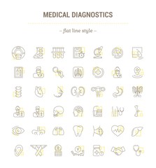 Vector graphic set. Icons in flat, contour, thin and linear design.Medical diagnostics. Check up.Simple icon on white background.Concept illustration for Web site, app.Sign, symbol, emblem.