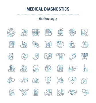 Vector graphic set. Icons in flat, contour, thin and linear design.Medical diagnostics. Check up.Simple icon on white background.Concept illustration for Web site, app.Sign, symbol, emblem.