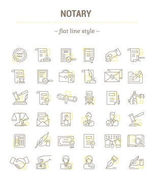 Vector graphic set.Icons in flat, contour,thin, minimal and linear design.Notary office. Paperwork, document notarized.Simple isolated icons.Concept illustration for Web site app.Sign,symbol,element.