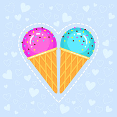 vector illustration of ace creams in cone waffle glasses on blue background with hearts