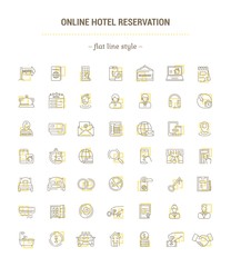 Vector graphic set. Icons in flat, contour, thin, minimal and linear design.Online hotel booking.Internet service.E-commerce. Simple isolated icons.Concept illustration for Web site, app.Sign, symbol.
