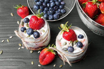 delicious dessert - yogurt with strawberries and blueberries