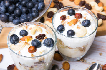 Healthy dessert with yogurt, nuts, oats and blueberries