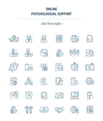 Vector graphic set.Icons in flat, contour,thin, minimal and linear design.Online psychological support. Simple isolated icons.Concept for Web site app.Sign,symbol,element.