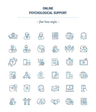 Vector Graphic Set.Icons In Flat, Contour,thin, Minimal And Linear Design.Online Psychological Support. Simple Isolated Icons.Concept For Web Site App.Sign,symbol,element.