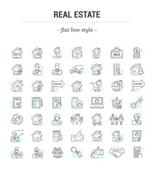 Vector graphic set.Icons in flat, contour,thin, minimal and linear design.Real estate.Simple isolated icons.Concept illustration for Web site app.Sign,symbol,element.