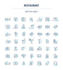 Vector graphic set. Icons in contour, thin, minimal linear design.Catering business.Restaurant industry.Banquet hall.Simple isolated icons.Concept flat illustration for Web site, app.Sign, symbol.