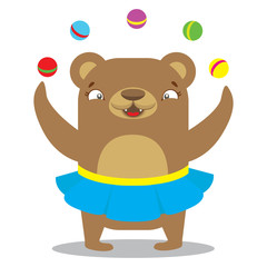 Circus bear in skirt juggling balls. Circus concept. Flat cartoon vector illustration