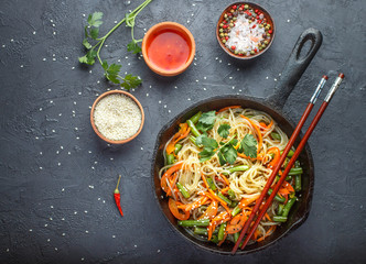 Starch (rice, potato) noodles with vegetables - bell peppers, carrots, green beans, onions, sesame...