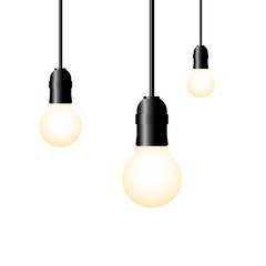 Hanging light bulbs glowing on white background. illustration.