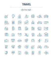 Vector graphic set. Icons in flat, contour, thin, minimal, linear design.Travel around the world.Travel business. Types of tourism.Simple isolated icons.Concept illustration for Web site.Sign, symbol.