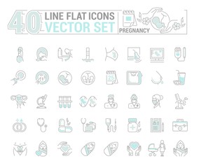 Vector graphic set.Icons in flat, contour,thin and linear design.Pregnancy. Gestation. Incubation of the child.Simple isolated icons.Concept illustration for Web site app.Sign,symbol,element.