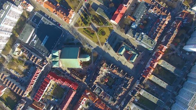 Aerial view of the old town of Kolobrzeg in Poland, winter time