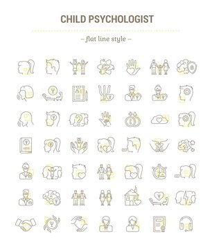 Vector graphic set.Icons in flat, contour,thin, minimallined, outline, and linear design.Child psychologist.Support for children's health.Simple isolated icons.Concept for Web site app.Sign,symbol.