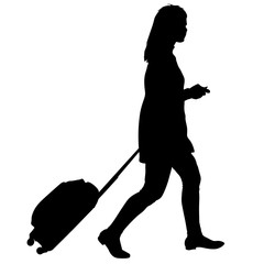 Black silhouettes travelers with suitcases on white background.