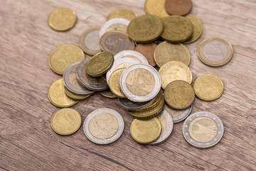 shiny euro coins on the table. close up.