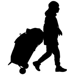 Black silhouettes travelers with suitcases on white background.