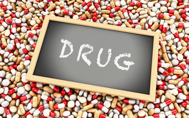 3d Pills and chalkboard with text "drug"