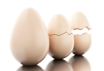 3d perfect egg, cracked egg and broken pieces of shells