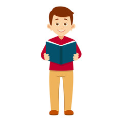 student holds an open book in his hands.boy stands right with book in hand, smiling, school concept, vector illustration with layers isolated on white background.reading boy