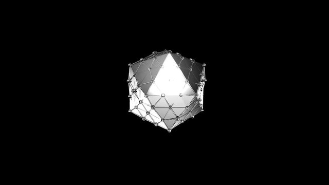 Seamless 3D alpha background of abstract geometric atomic shape bond animation changing motion graphic. Atom or molecule element bond in metallic texture transform in alpha background in 4k.