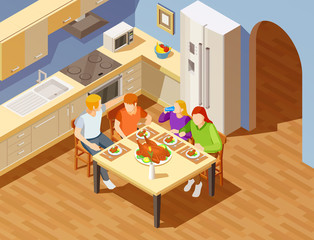 Family Dinner In Kitchen Isometric Image