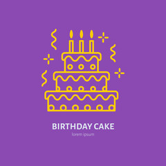 Birthday cake line icon. Vector logo for bakery, party service. Tasty torte thin linear symbol for event agency. Linear illustration of dessert.