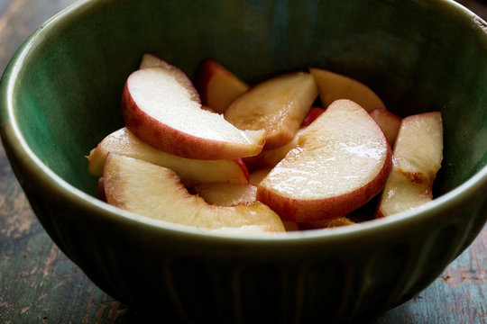 Sliced Peaches In Bowl, Close-up