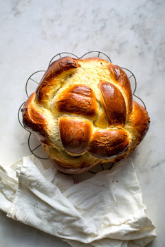 Orange olive oil challah bread, overhead view