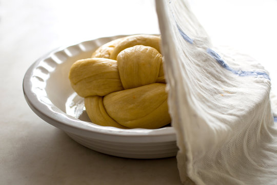 Orange olive oil challah bread, dough being proved, close-up