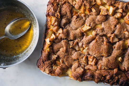 Challah french toast with pear, overhead view