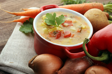 Barley and vegetable thick healthy soup. Krupnik thick Polish soup made from vegetable or broth, containing potatoes and barley groats