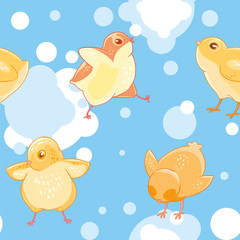 Seamless pattern with cartoon funny yellow chickens on a background of blue sky and clouds.