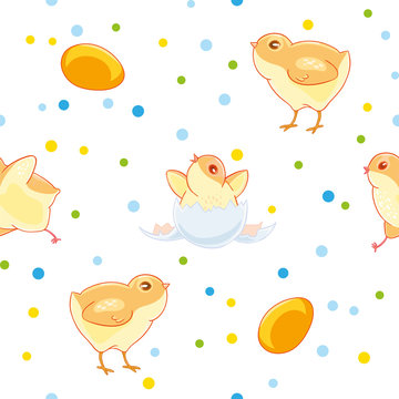 Easter seamless pattern with cute chickens and valuewise from the egg the chick on the background of colored confetti