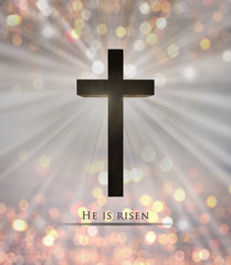Jesus Christ cross. Christian wooden cross with He is risen text on background with colorful...