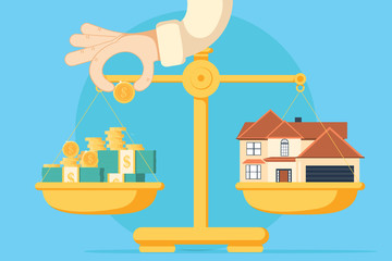 Obraz premium Scales with house and money. Buying a home.