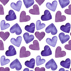 Watercolor seamless pattern of purple hearts, illustration on white background.