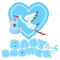 Baby shower, card, invitation, etc. Stork with boy, lace heart a