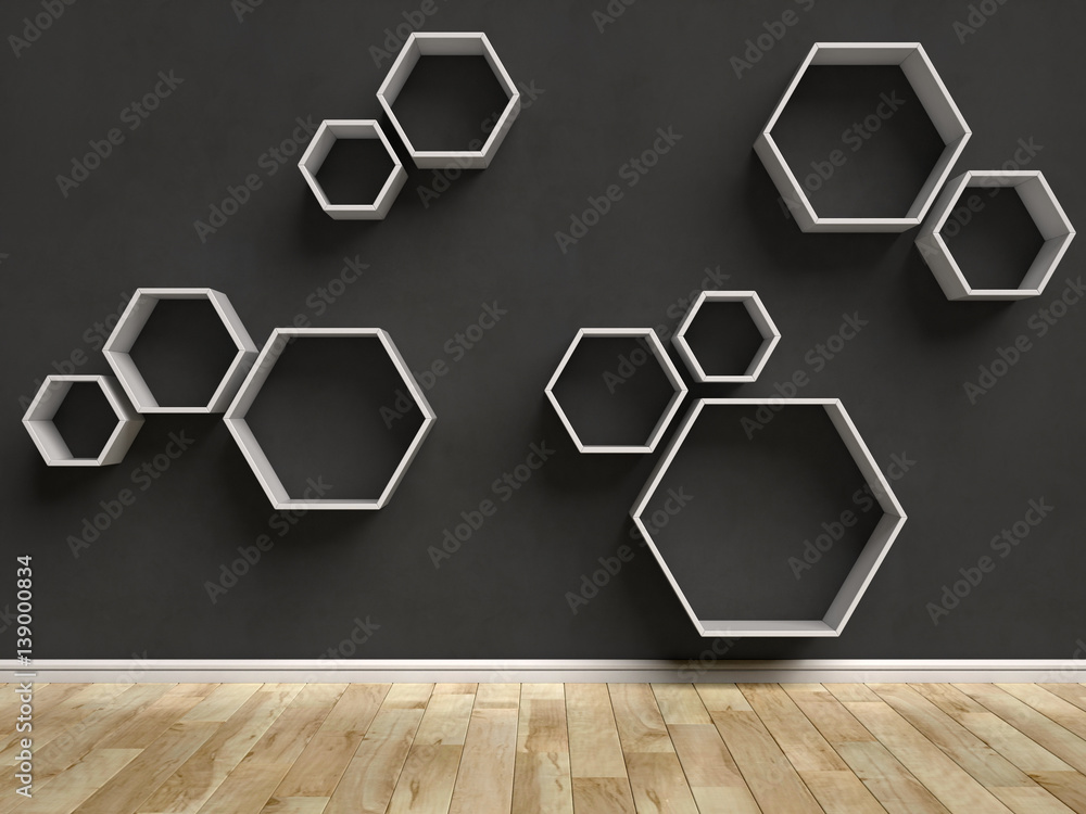 Poster empty interior with hexagon shelves on the wall 3d rendering