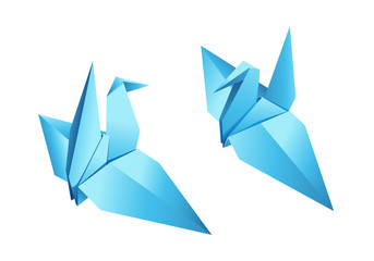 Two blue paper origami birds on a white background