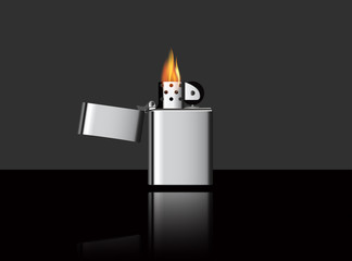eps 10 vector illustration of lighter with burning flame on black background with mirror reflection