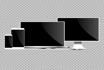 eps 10 vector set of realistic electronic gadgets isolated on transparent background. Lcd touch screen devices, front side. Graphic design mock up. Editable template with blank screens for web, print