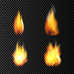 eps10 vector realistic fire flames collection isolated on transparent background. Burning spruts of flame effect with sparkles. Graphic design clip art for web and print. Editable layered illustration