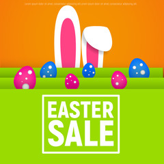 Happy Easter poster  square frame sale with grass  and ears of rabbit 