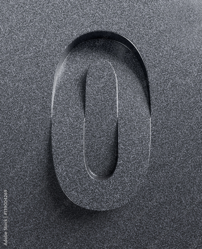 Poster number 0 slanted 3d font engraved and extruded from the surface
